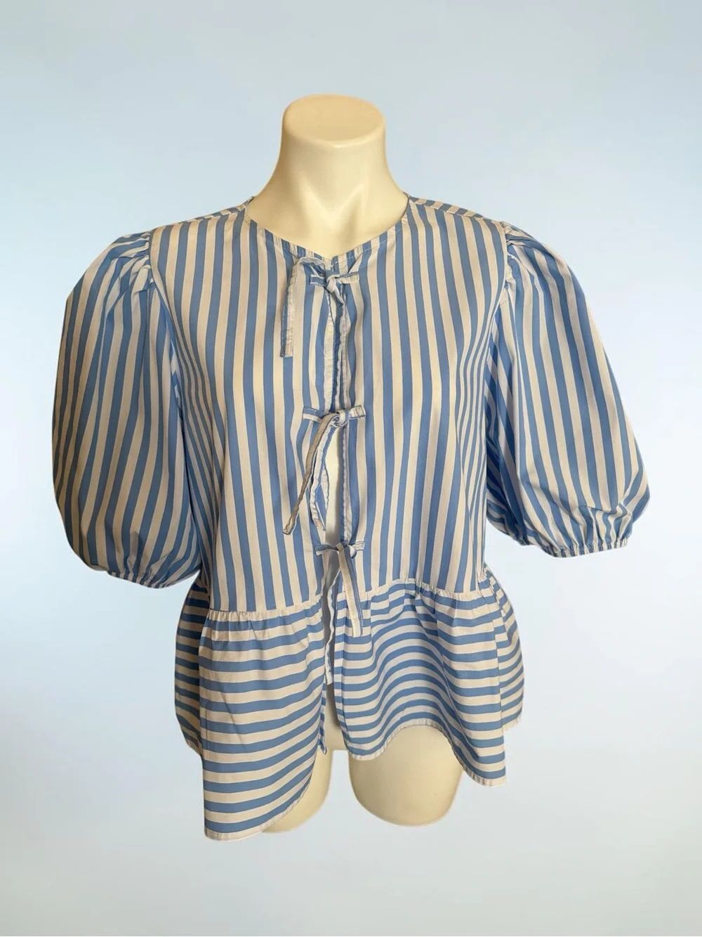 Blue and White Striped Puff-Sleeve Tie-Front Peplum Blouse